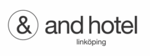 Logotyp för & and hotel linköping med en stor ampersandsymbol inuti en cirkel, följt av texten and hotel i fetstil och linköping i mindre bokstäver under.